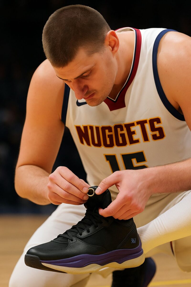 Nikola Jokić u dresu Denver Nagetsa pažljivo stavlja burmu u skriveni džep na jeziku svoje Joker 1 patike.