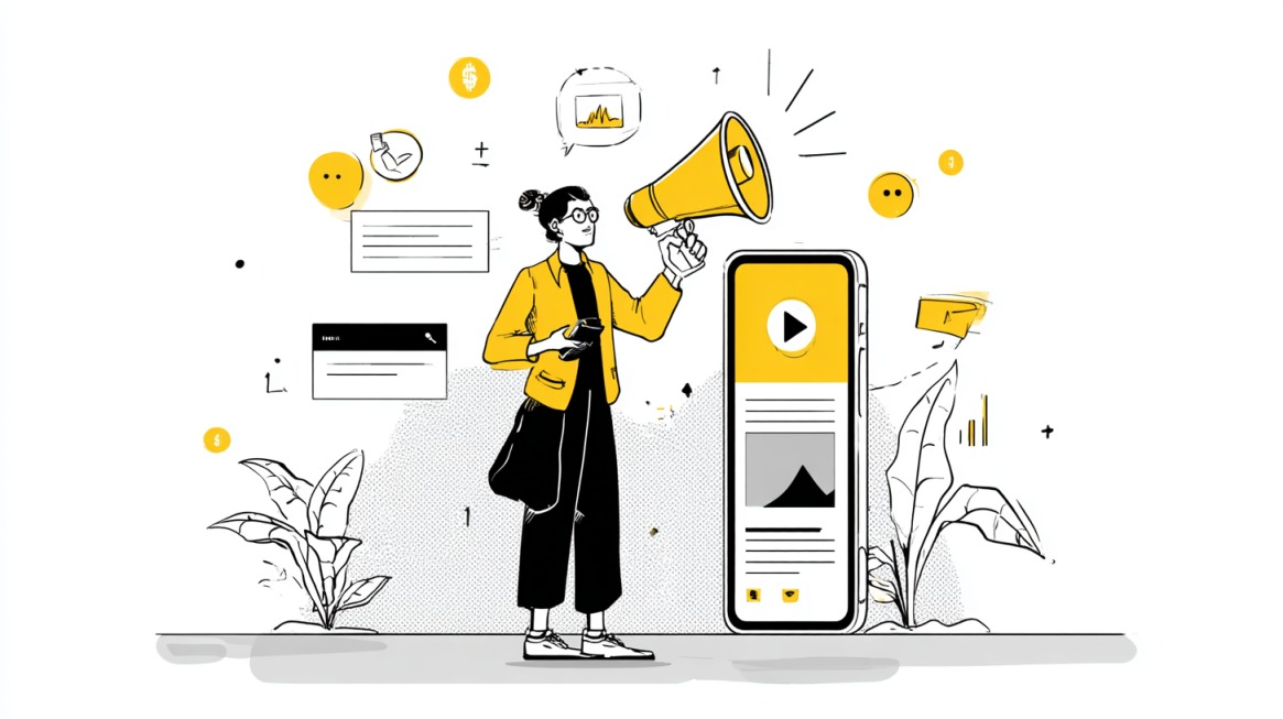 Ilustracija osobe sa megafonom pored mobilnog telefona sa CTA elementima