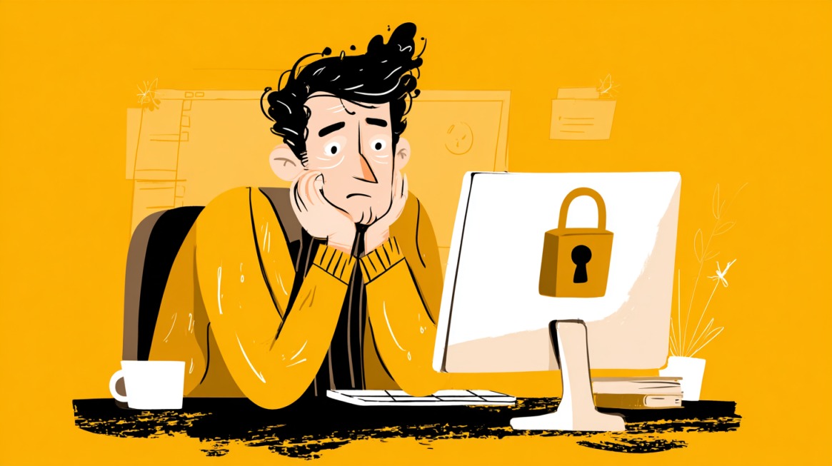 Ilustracija muškarca koji zabrinuto gleda u računar sa ikonom zaključanog ekrana