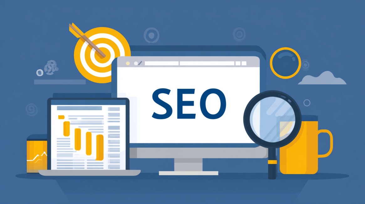 Ilustracija SEO optimizacije sa računarom, grafikonima i lupom