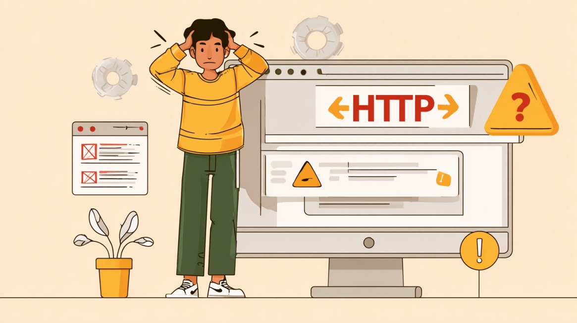 Ilustracija osobe koja drži glavu dok računar prikazuje upozorenja i HTTP oznaku