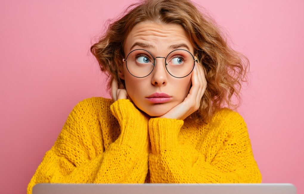 Devojka zbunjenog izraza sedi ispred laptopa, zabrinuta zbog grešaka na sajtu
