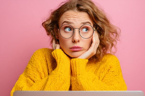 Devojka zbunjenog izraza sedi ispred laptopa, zabrinuta zbog grešaka na sajtu