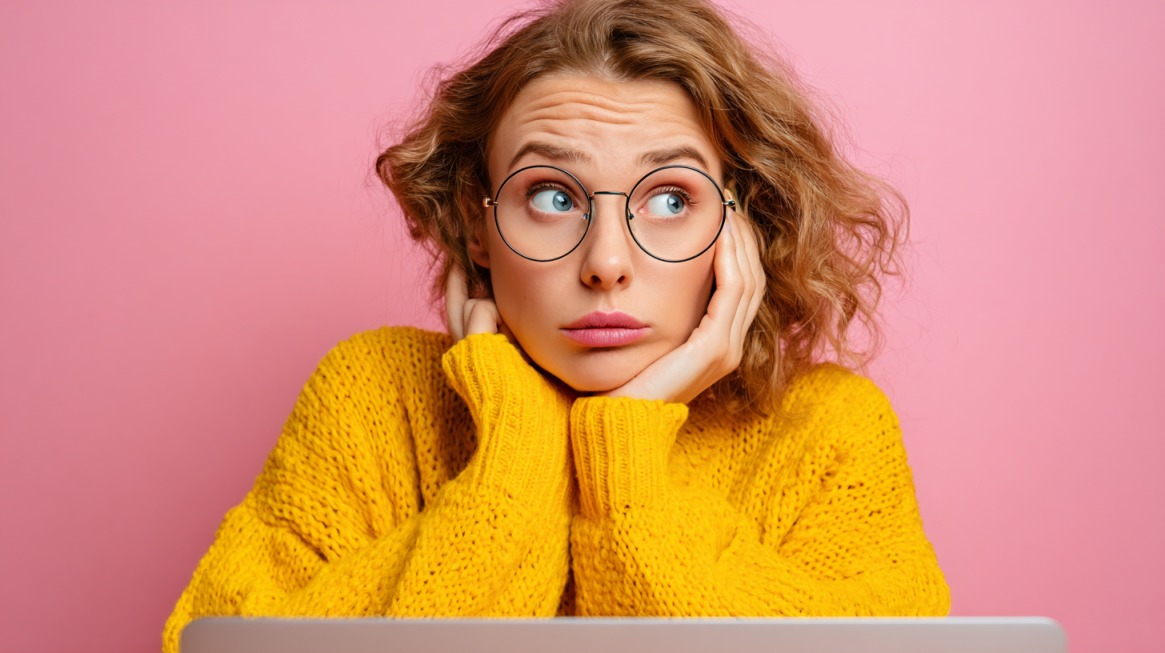 Devojka zbunjenog izraza sedi ispred laptopa, zabrinuta zbog grešaka na sajtu