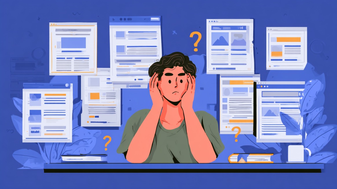 Ilustracija osobe koja drži glavu dok je okružena brojnim zbunjujućim prozorima sa sadržajem