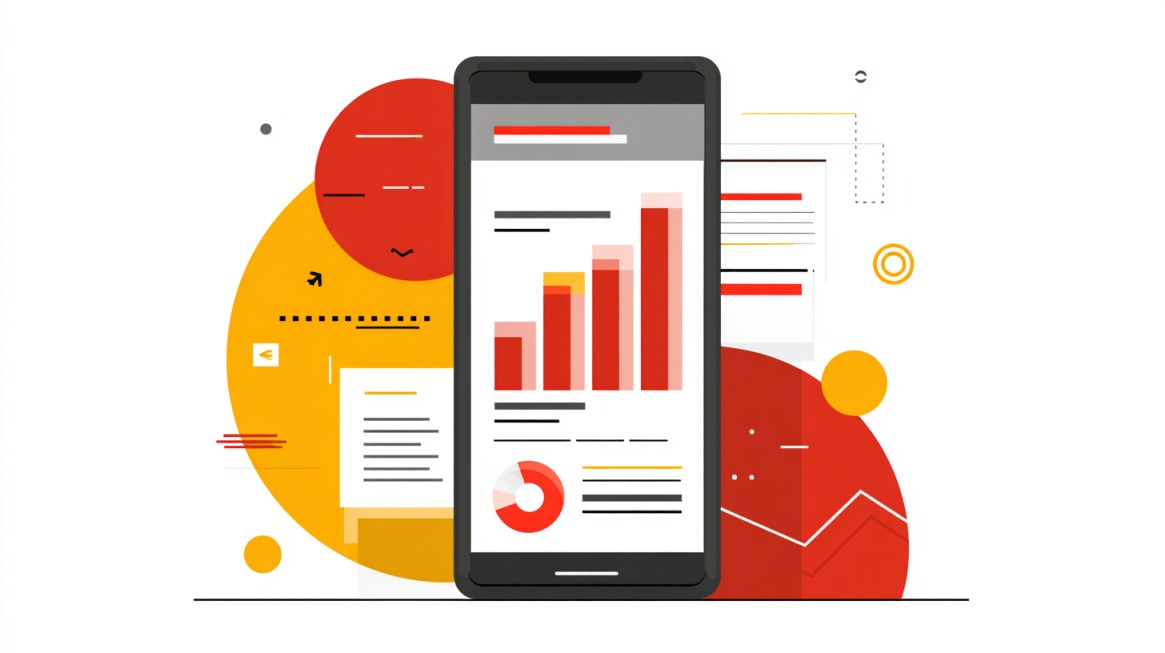 Ilustracija mobilnog telefona sa grafikonima i elementima analitike koji predstavljaju mobilnu optimizaciju sajta