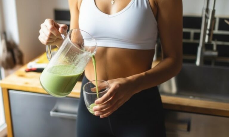 Devojka sipa sok iz blendera u čašu nakon treninga