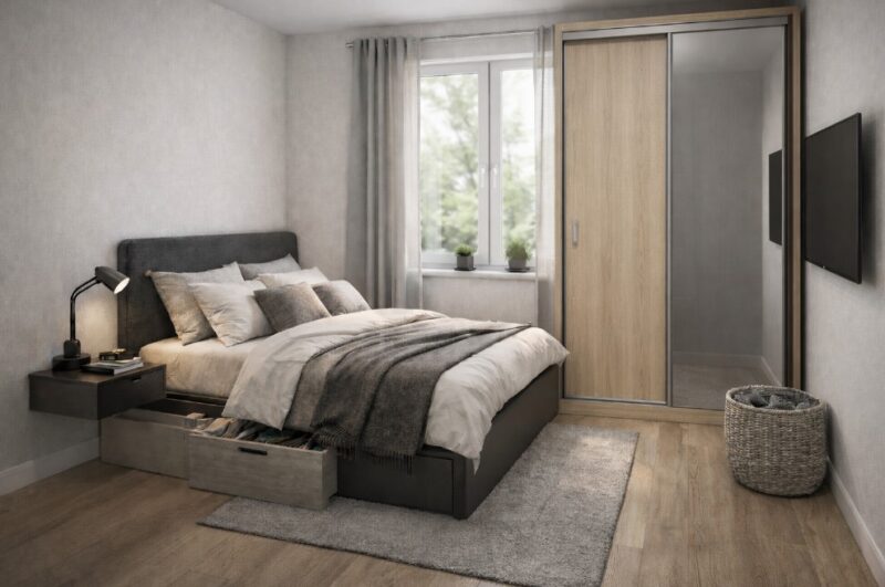 Mala spavaća soba sa dobrim rasporedom nameštaja