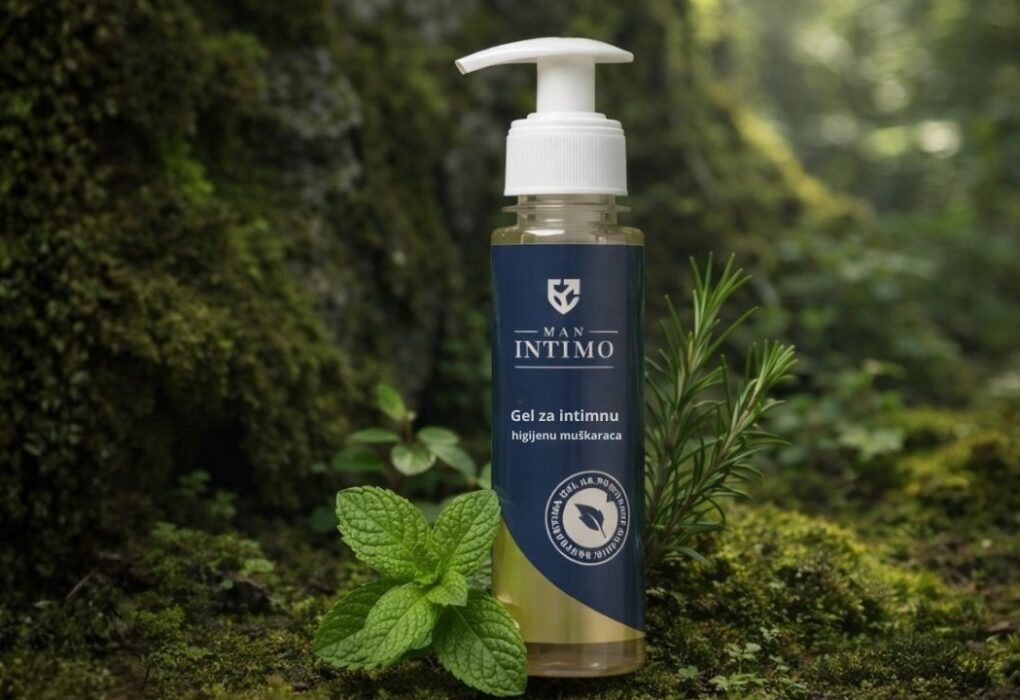 men intimo gel u prirodi sa listovima nane oko pakovanja