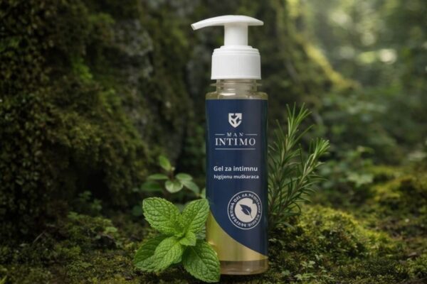men intimo gel u prirodi sa listovima nane oko pakovanja