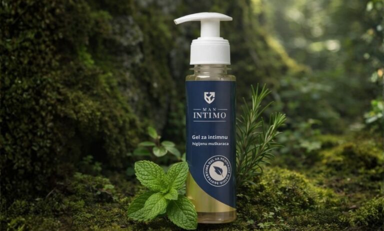men intimo gel u prirodi sa listovima nane oko pakovanja