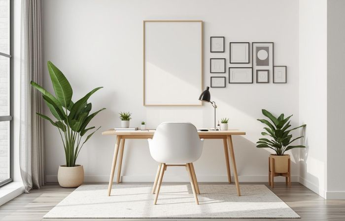 Mala kancelarija sa jednostavnom dekoracijom, jednom velikom slikom, nekoliko manjih ramova, biljkom i svetlim tepihom bez šara.