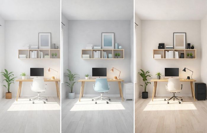 Poređenje tri male kancelarije u različitim bojama, bela sa svetlim drvetom, svetlosiva sa pastelno plavim detaljima i bež sa crnim akcentima.