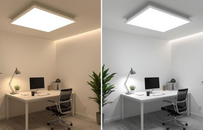 Poređenje rasvete u maloj kancelariji sa toplim i neutralnim belim LED panel osvetljenjem koje utiče na osećaj prostora i osvetljenost radnog mesta.