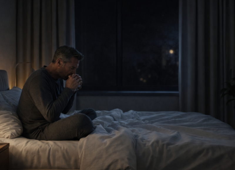 Čovek na krevetu drži ruku na ustima i kašlje