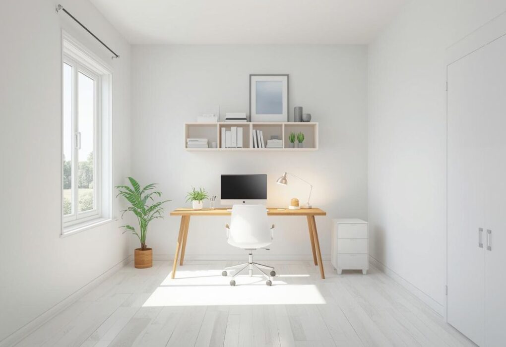 Mala kancelarija sa svetlim zidovima, minimalističkim stolom, policama i prirodnim svetlom koja vizuelno izgleda prostrano i moderno.