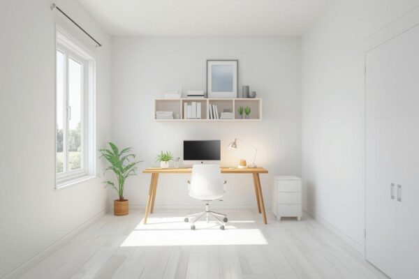 Mala kancelarija sa svetlim zidovima, minimalističkim stolom, policama i prirodnim svetlom koja vizuelno izgleda prostrano i moderno.