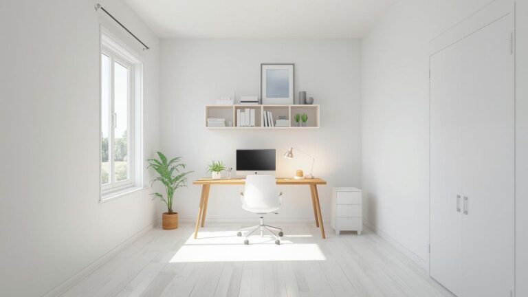 Mala kancelarija sa svetlim zidovima, minimalističkim stolom, policama i prirodnim svetlom koja vizuelno izgleda prostrano i moderno.