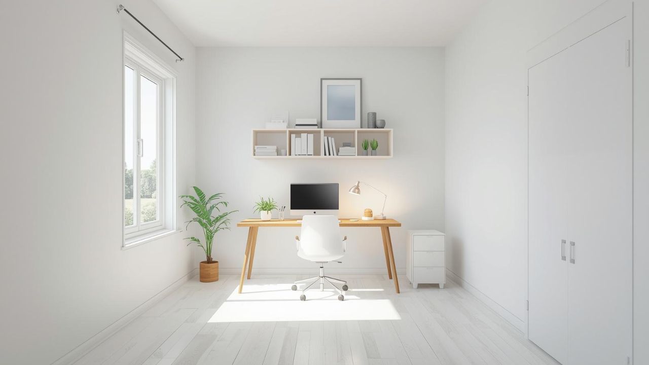 Mala kancelarija sa svetlim zidovima, minimalističkim stolom, policama i prirodnim svetlom koja vizuelno izgleda prostrano i moderno.