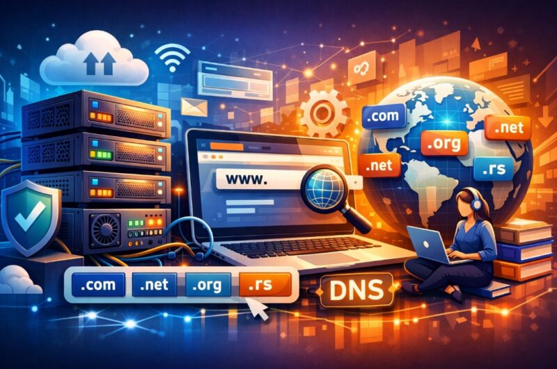 Ilustracija servera, laptopa sa web adresom, DNS oznakama i globusom sa domenima (.com, .net, .org, .rs), koja prikazuje koncept domena i hostinga