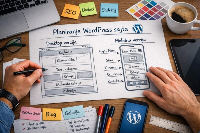 Osoba skicira wireframe za WordPress sajt na papiru, prikazujući desktop i mobilnu verziju sa označenim sekcijama poput zaglavlja, glavne slike, usluga i kontakta