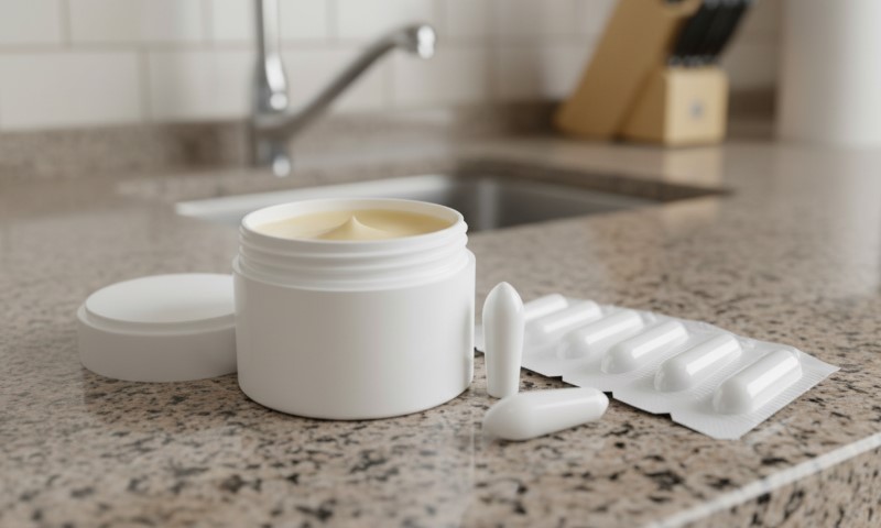 Mast i čepići za hemoroide stoje na mermernoj podlozi u kuhinji