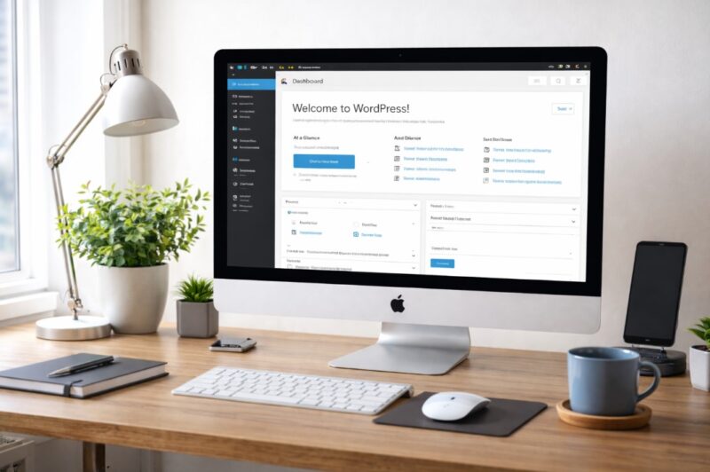 WordPress dashboard prikazan na desktop računaru na urednom radnom stolu sa modernim kancelarijskim okruženjem