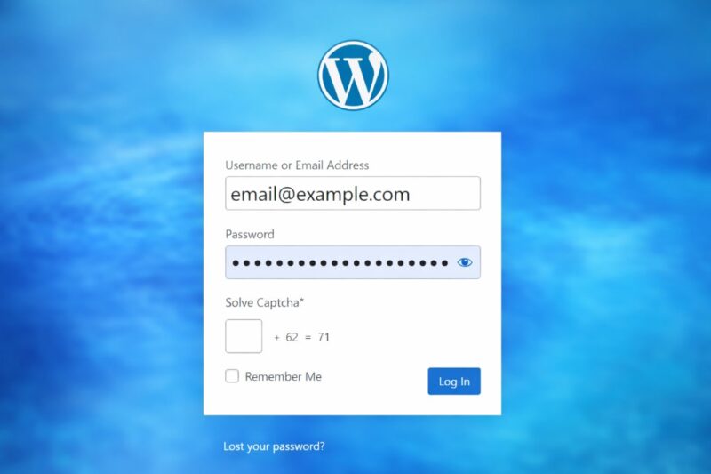 WordPress login forma sa plavom gradient pozadinom i minimalističkim dizajnom