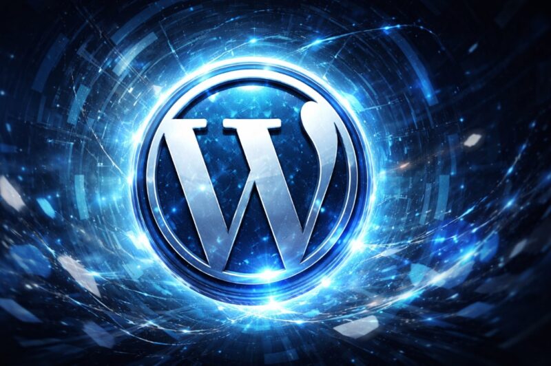 Futuristički WordPress logo u plavim tonovima sa digitalnim efektima i svetlosnim detaljima na tehnološkoj pozadini