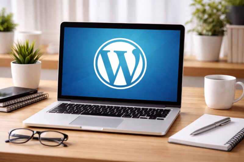 WordPress logo prikazan na ekranu laptopa na modernom radnom stolu sa kancelarijskim priborom