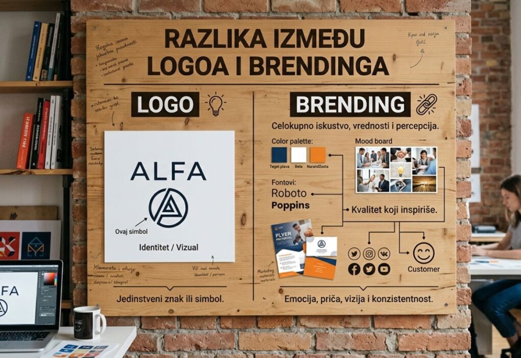 Infografik koji prikazuje razliku između logotipa kao simbola i brendinga kao kompletnog iskustva i identiteta