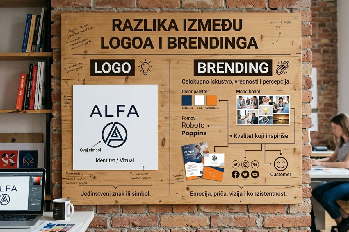Infografik koji prikazuje razliku između logotipa kao simbola i brendinga kao kompletnog iskustva i identiteta