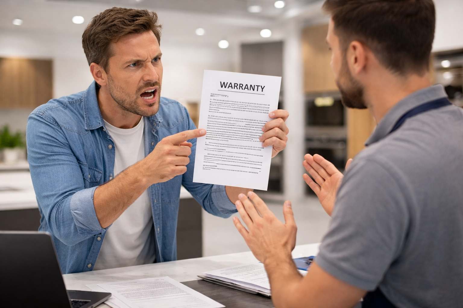 Covek koji u prodavnici kuhinja pokusava da ostvari svoje pravo na garanciju