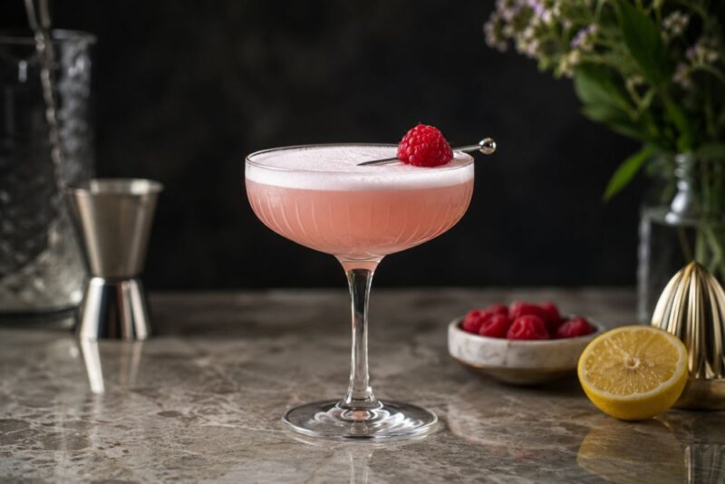 Clover Club koktel sa malinom u coupe čaši na tamnoj pozadini