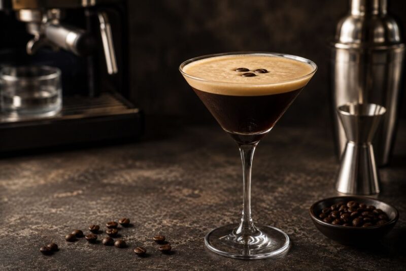 Espresso Martini koktel u martini čaši sa penom i zrnima kafe na vrhu