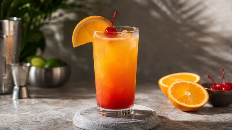 Tequila Sunrise koktel sa pomorandžom, trešnjom i ledom u visokoj čaši