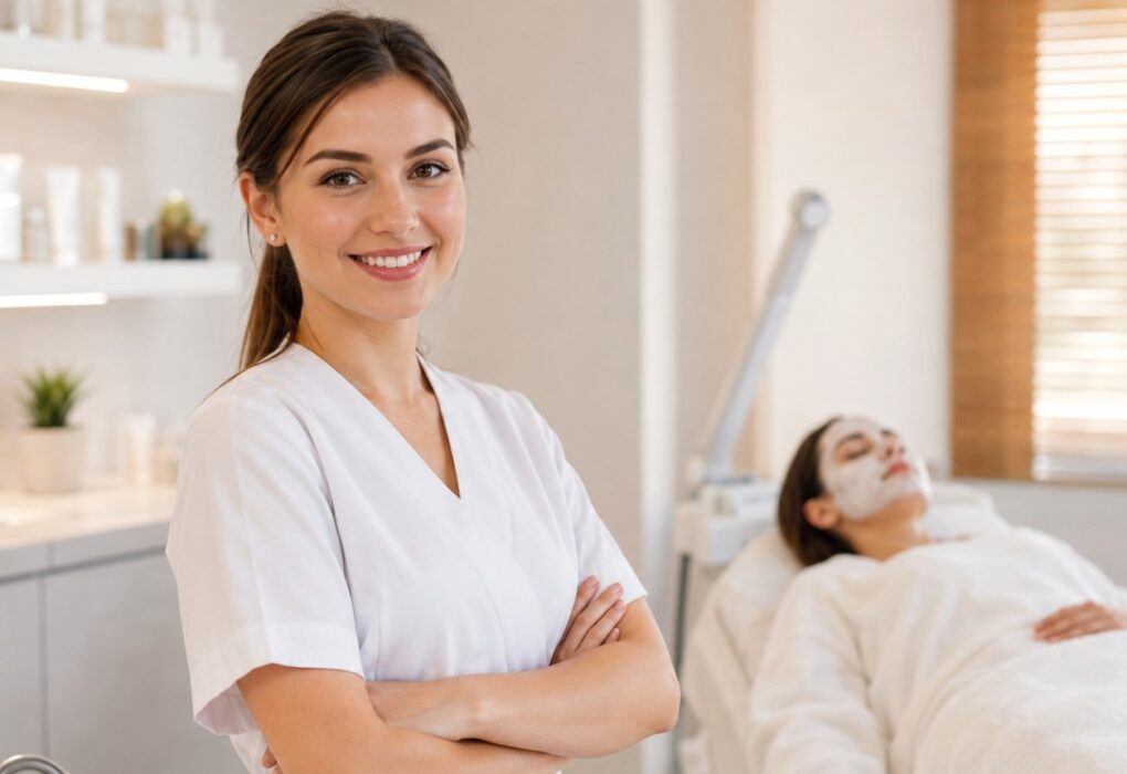 Mlada kozmetičarka u beloj uniformi stoji nasmejana u modernom kozmetičkom salonu, dok klijentkinja leži na tretmanu lica u pozadini