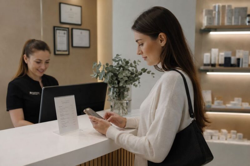 Žena proverava informacije na telefonu pre zakazivanja tretmana u urednom kozmetičkom salonu, dok se u pozadini vidi recepcija sa osobljem i preparatima za negu