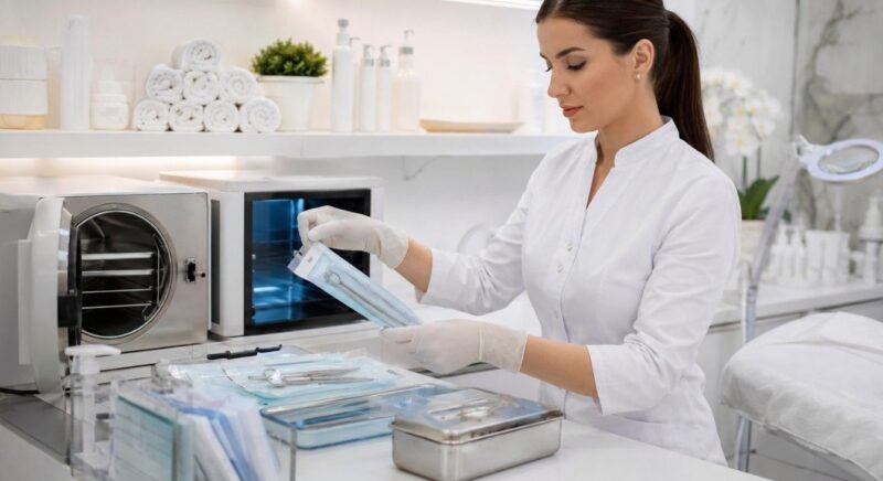 Kozmetičarka u čistom i urednom salonu priprema sterilisan pribor pored sterilizatora i zapakovanih instrumenata
