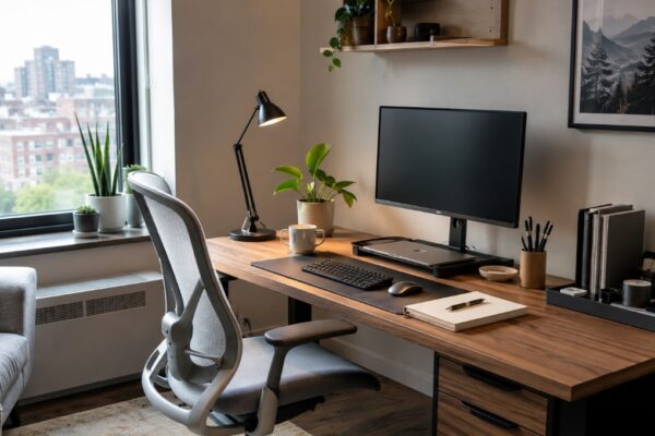 Moderna kućna kancelarija sa ergonomskom stolicom, monitorom, radnim stolom, lampom i prirodnim svetlom