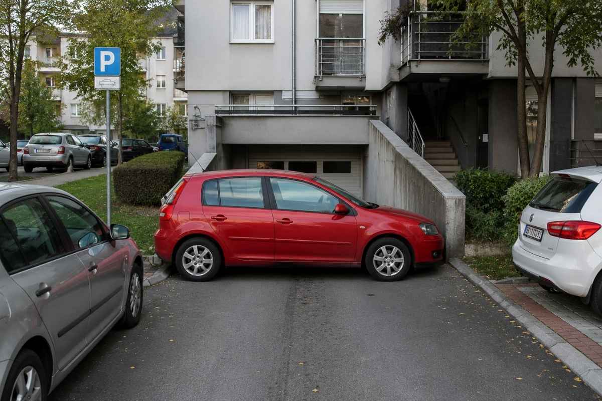 crveni auto nepropisno parkiran ispred zgrade