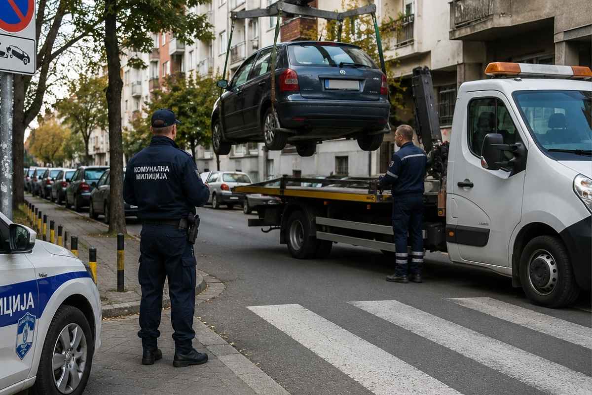 komunalna policija na terenu, pauk nosi automobil