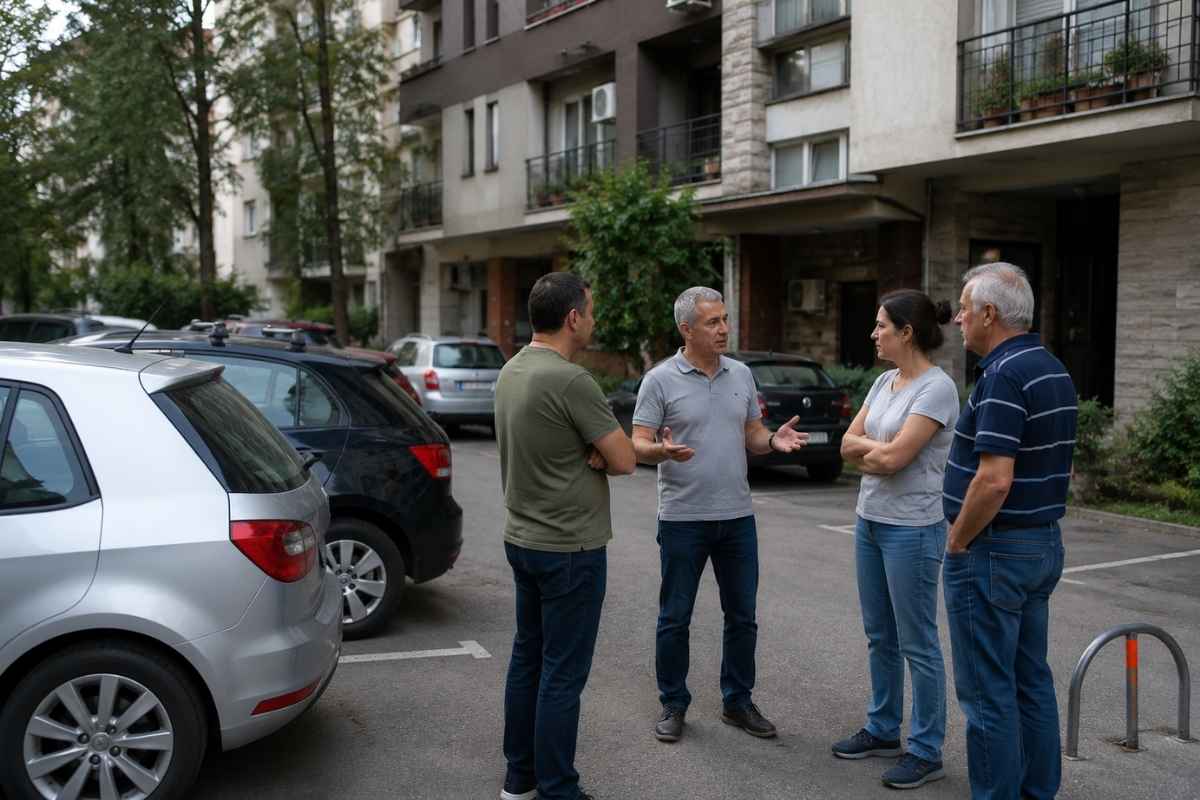 Razgovor stanara o rešavanju problema sa parkingom ispred zgrade.