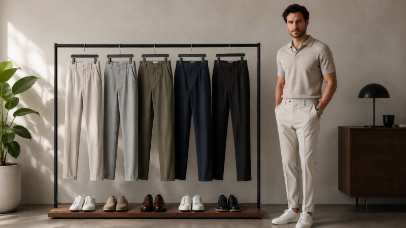 Muškarac bira pantalone prema bojama košulja i majica u svom ormaru