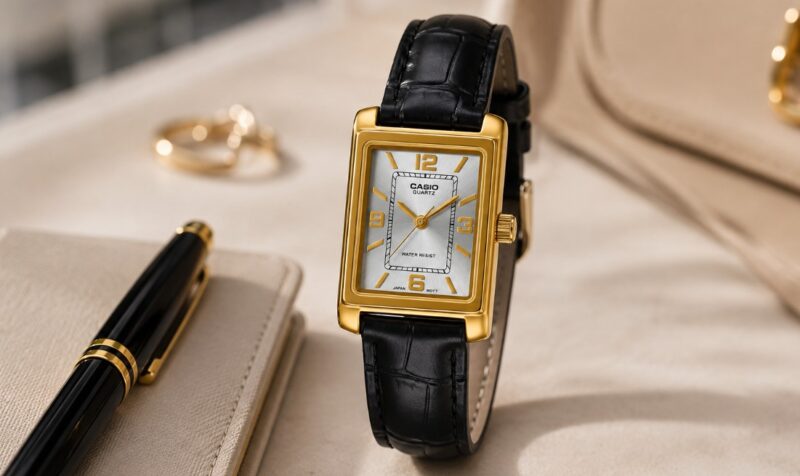 Ženski Casio sat sa crnim kožnim kaišem i zlatnim pravougaonim kućištem stoji na svetloj podlozi pored sveske i olovke, u elegantnom poslovnom ambijentu