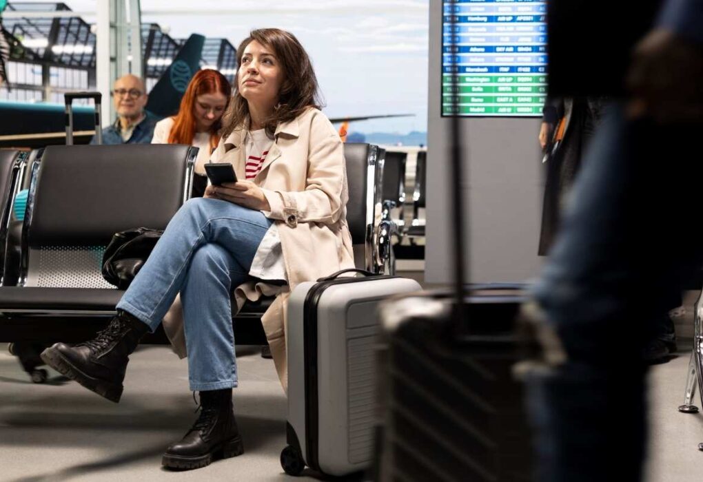 devojka čeka prevoz na aerodromu